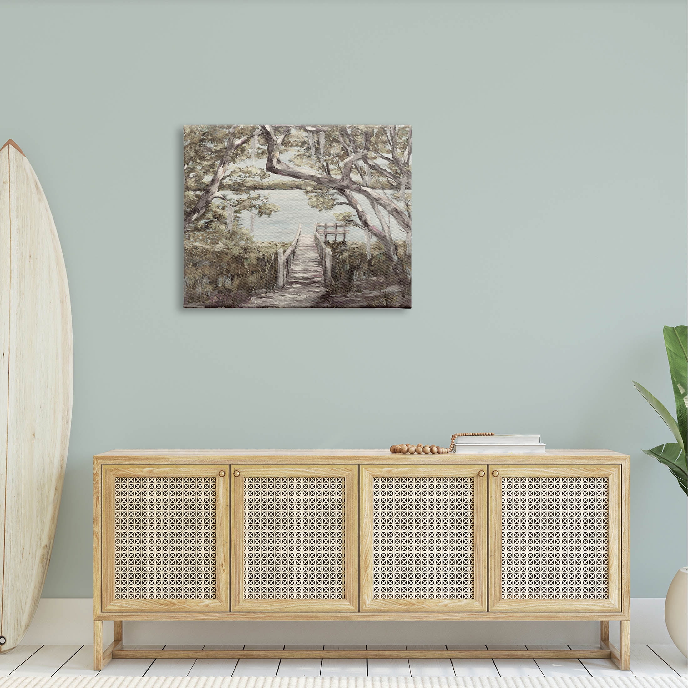 Nature Waterfront Path Bridge Landscape Painting Gallery Wrapped Canvas Print Wall Art