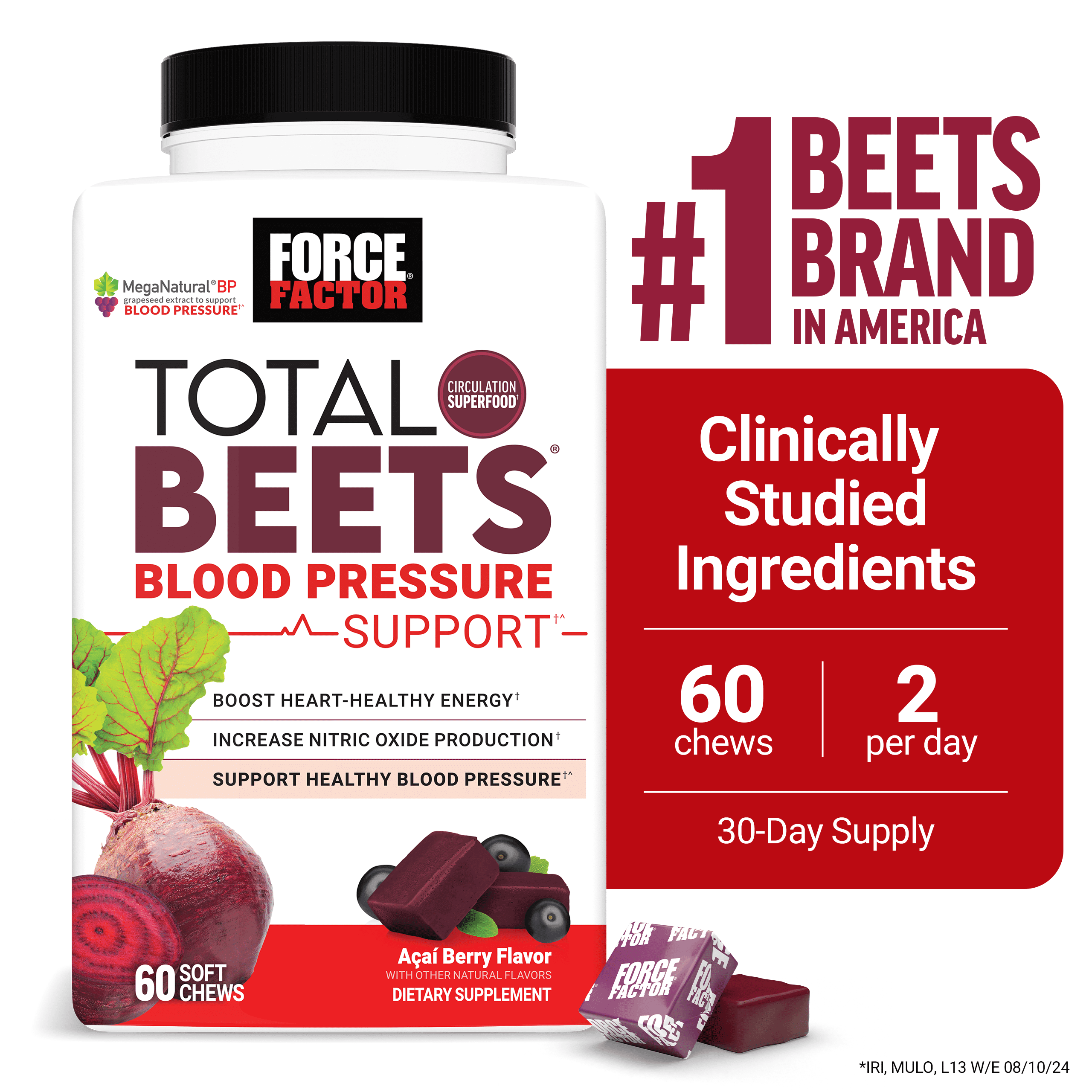 (3 pack) Force Factor Total Beets Blood Pressure Support, Beet Root Supplement for Nitric Oxide, Circulation, Heart Health & Energy, Acai Berry, 60 Soft Chews