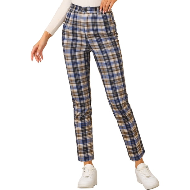 Pantalones De Tobillo A Cuadros Allegra K Casual Con Botones Azul S