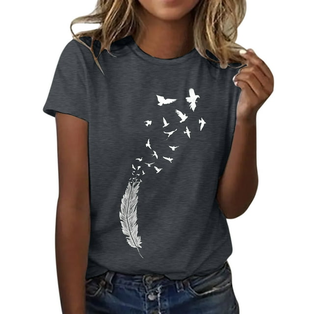 Womens Tshirts Feather Print Pattern Crew Neck Short Sleeve Loose Blouse Ladies Tops Dark Gray XL