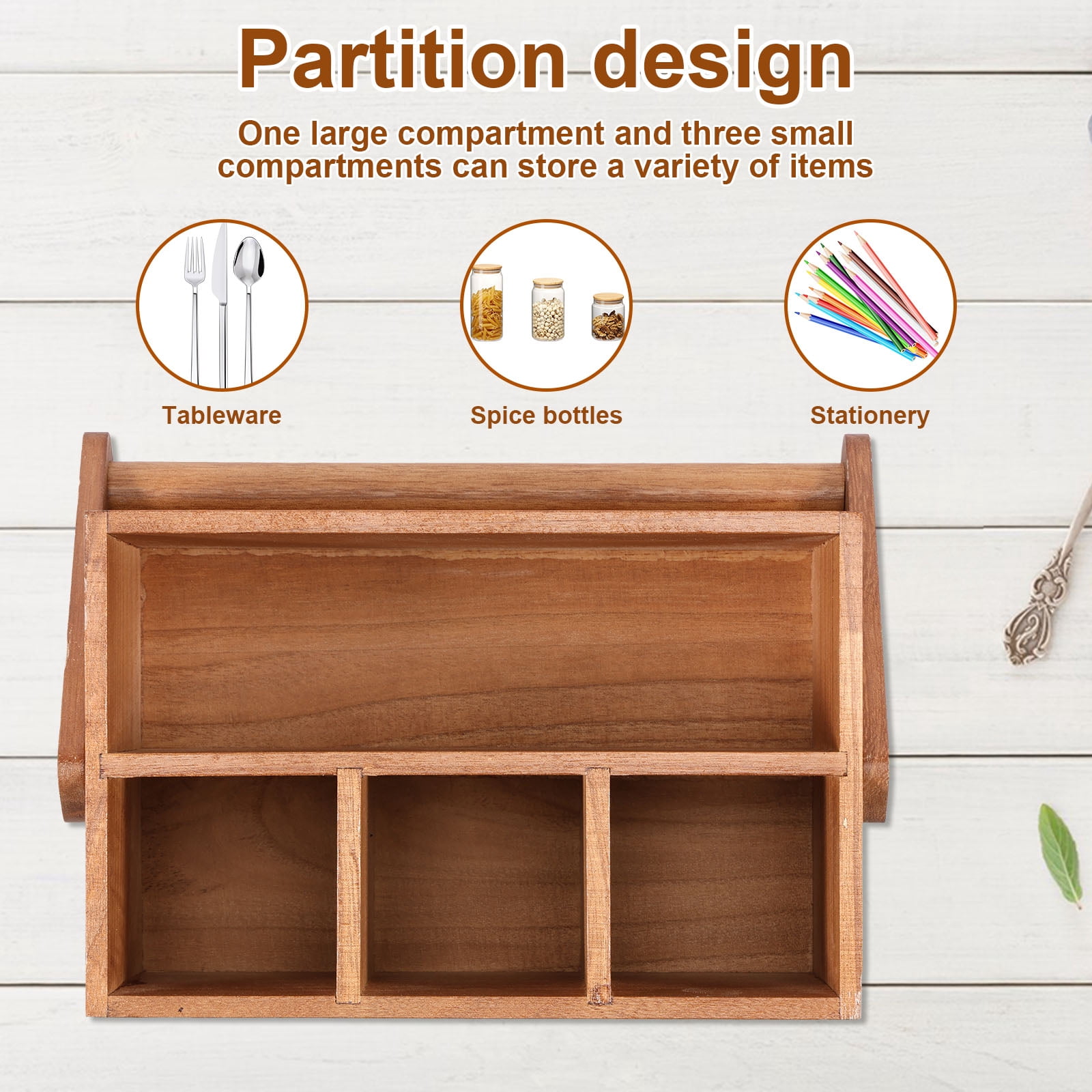 Wood Silverware Caddy with Handle 4 Compartments Utensil Holder Kitchen Cutlery Holder Multipurpose Organizer for Kitchen Office Bathroom Bedroom