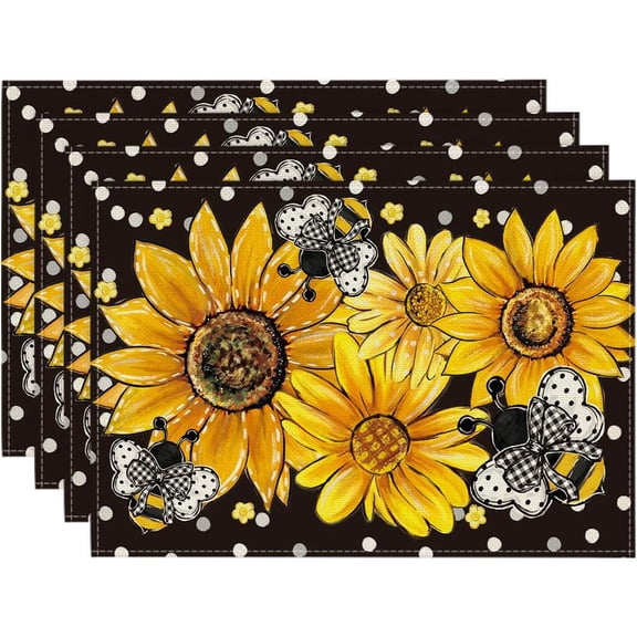 Black Sunflower Bee Flower Polka Dot Summer Placemats Set of 4, 12x18 Inch Table Mats for Table Runner Party Kitchen Dining Decoration