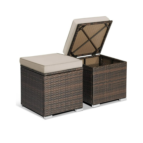 2-Piece Outdoor Wicker Ottoman Set, Storage Stool with Durable Metal Frame and Cushion, Perfect for Garden Balcony Poolside Seating, Grey