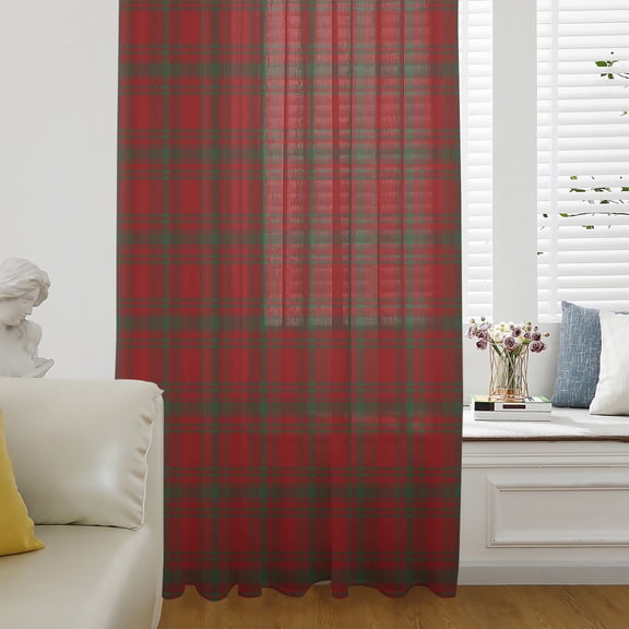 Merry Christmas Semi Sheer Curtains Drapes for Living Room, Bedroom, French Doors Window 108 Inches Long, Xmas Red Green Plaid Checkered Rod Pocket Chiffon Curtain Drapery Voile Draperies Panel