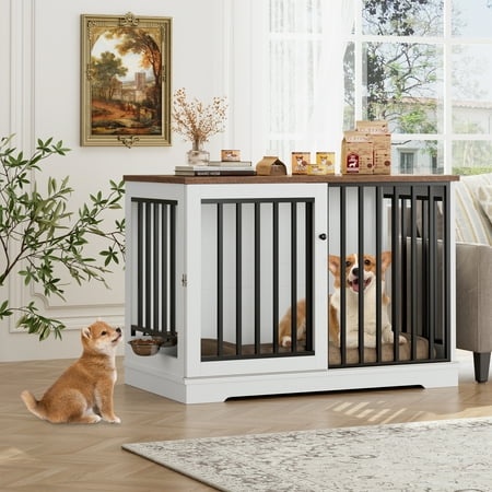 Condition photo showing New/Like New for homfa dog crate furniture 47.2 large wooden indoor dog cage table with sliding & lockable doors for medium dogs white&walnut