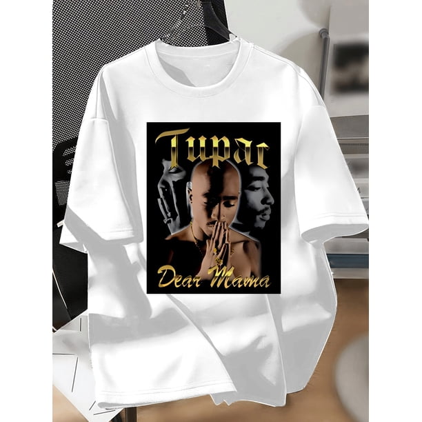 Rap singer-Ladies Retro Rock Band Pattern T-Shirt - Tupac Dear Mom Gold Letter Print, Short Sleeve Crew Neck Casual Top, Machine Washable Four Seasons Comfort
