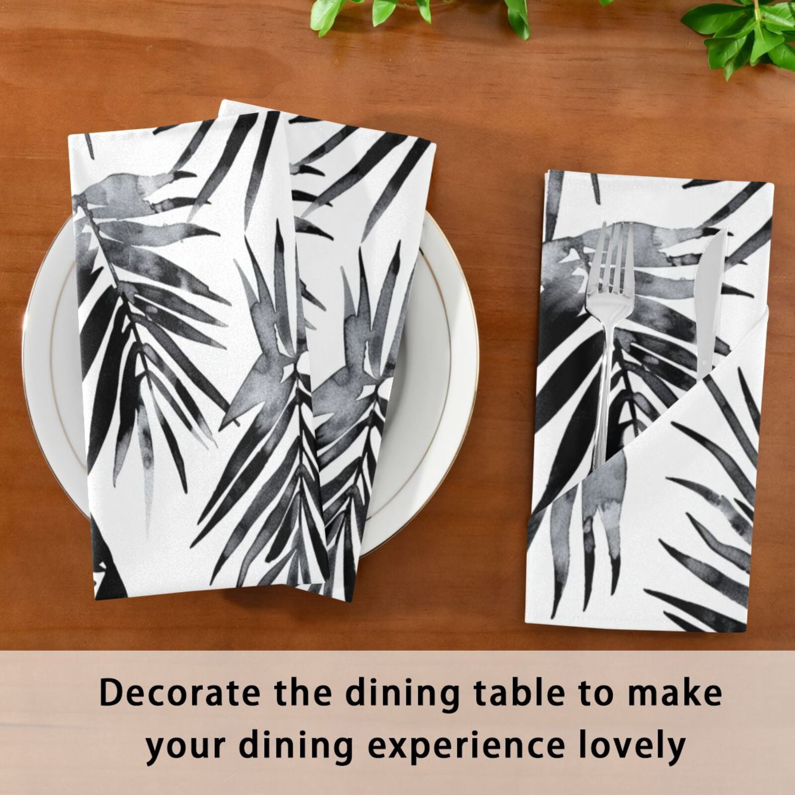 JSTEL Black Palm Leaf Watercolour Cloth Napkins Set of 6, 20x20 Inch Washable and Reusable Napkin for Decoupage Dinner Party Everyday Use