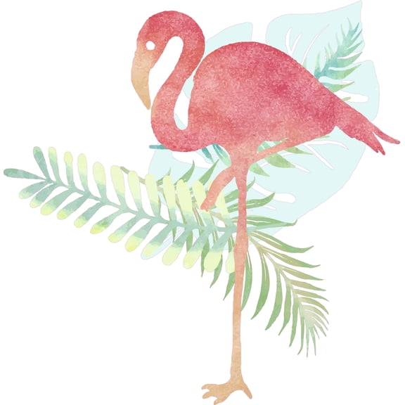 Adhesive Kids Bedroom Long Legged Bird Animal Pink Flamingo Decor 28" x 28" Vinyl Home Bedroom Art Wall Decal Sticker | Removable Living Room Plant Leaves Watercolor Design Vinyl Wall Decoration