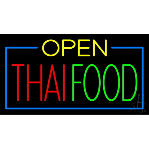 Open Thai Food LED Neon Sign 20 x 37 - inches, Black Square Cut Acrylic Backing, with Dimmer - Bright and Premium built indoor LED Neon Sign for restaurant window and interior decor.