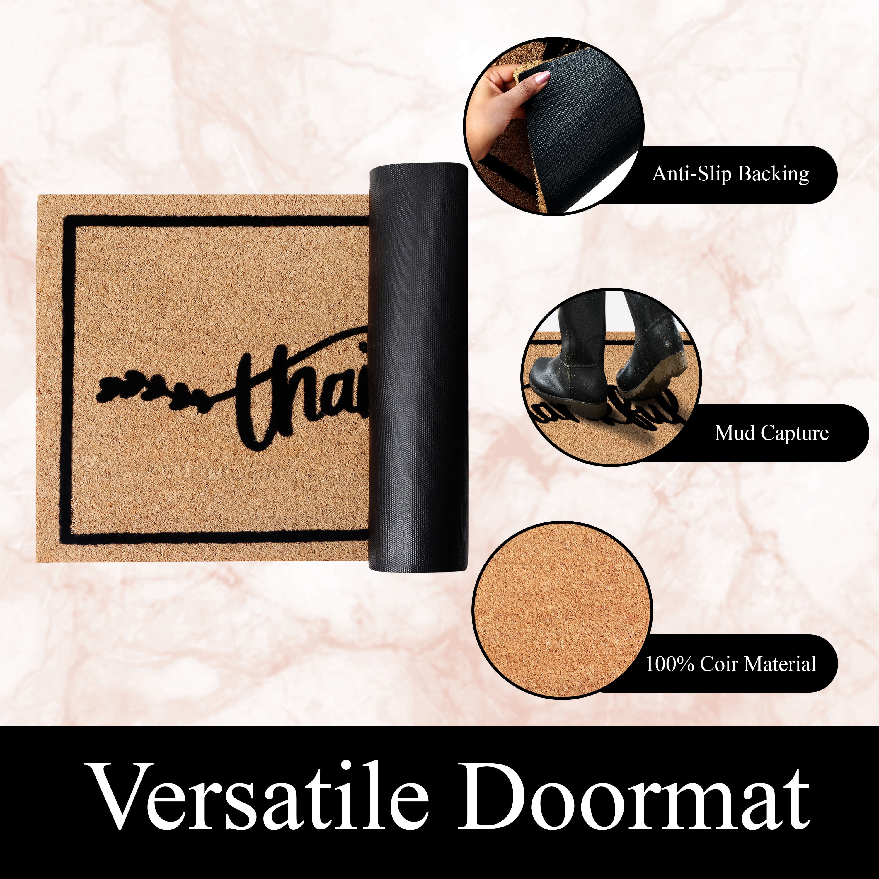 A1HC Natural Coir Flocked Doormat, Thankful Black, 24"x36", Durable Outdoor Welcome Mat