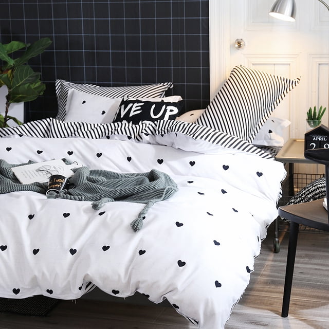 Pink Heart Duvet Cover Set Bedding Set 3PCS Microfiber Love & Stripe Pattern Reversible Quilt Cover Zipper with 2 Pillow Cases