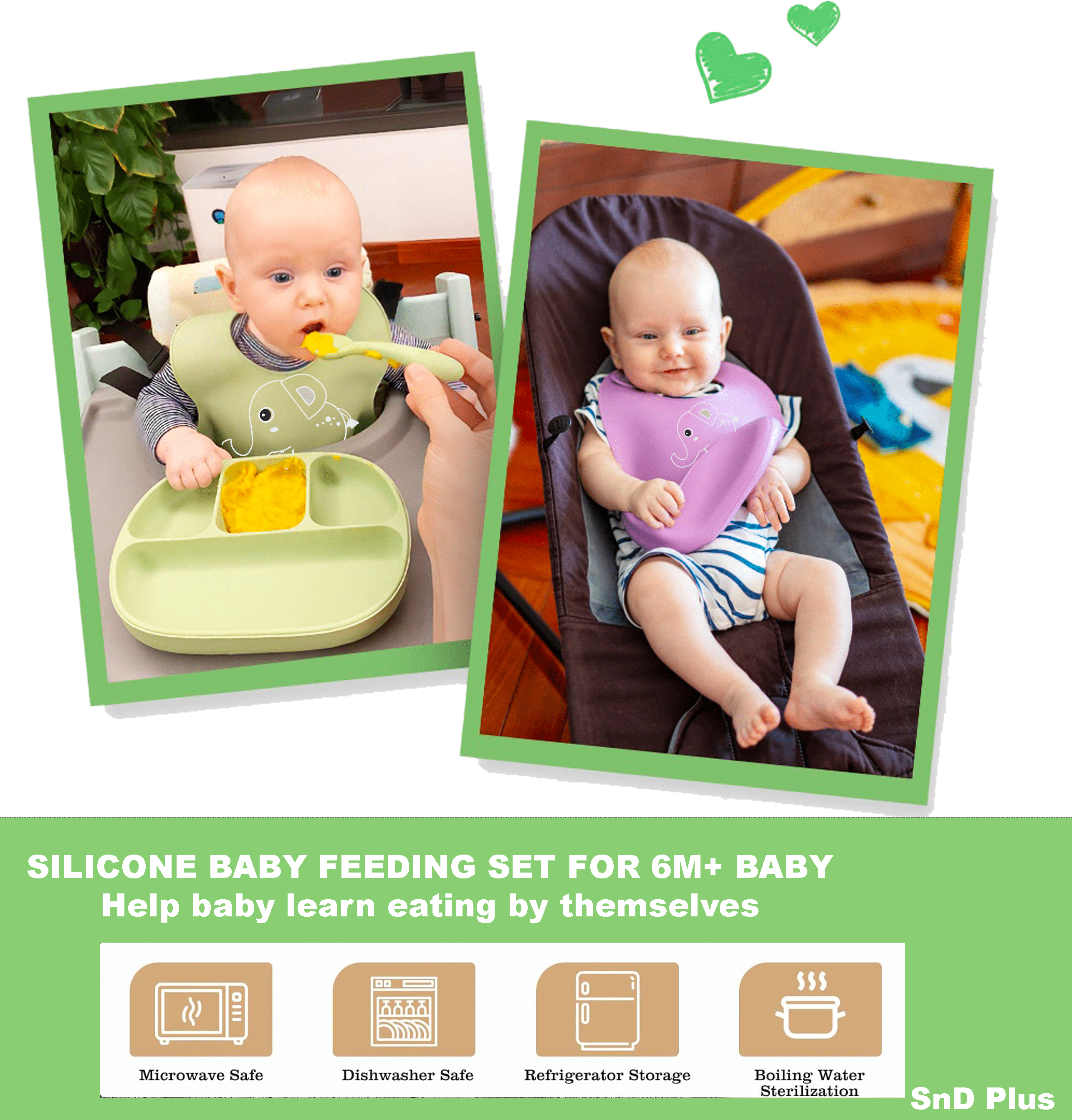 SnD Plus Silicone Baby Feeding Set – 8 PCS Toddler Self-Feeding Set with Suction Plate, Placemat, Adjustable Bib, Sippy Cup, Straw, Two Spoon, Fork – Vanilla Elephant