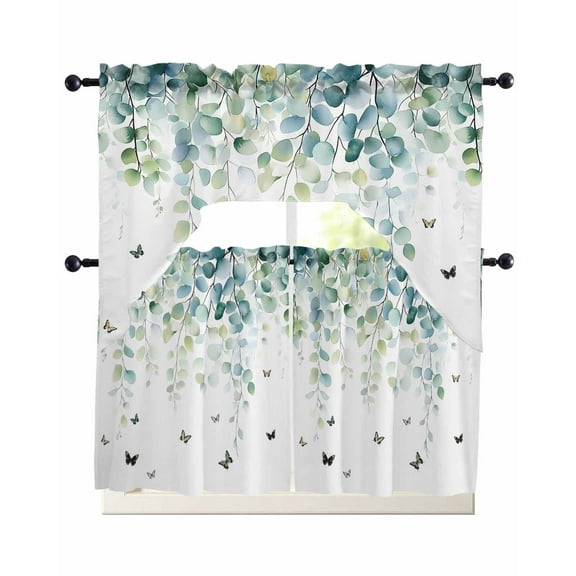 Blue Green Eucalyptus Kitchen Curtains Swag Valance and Tier Curtains Set 24 Inch Length, Sage Gradient Leaves Butterfly Rod Pocket Drape Panels Pair Swag Curtain for Bathroom/Cafe/Window