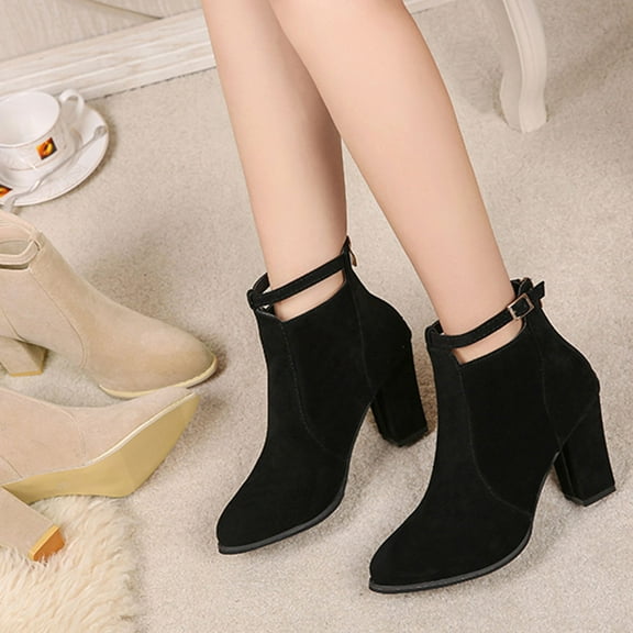 WHAMVOX High Heel Ankle Boots Low Heels Winter for Short Miss Black