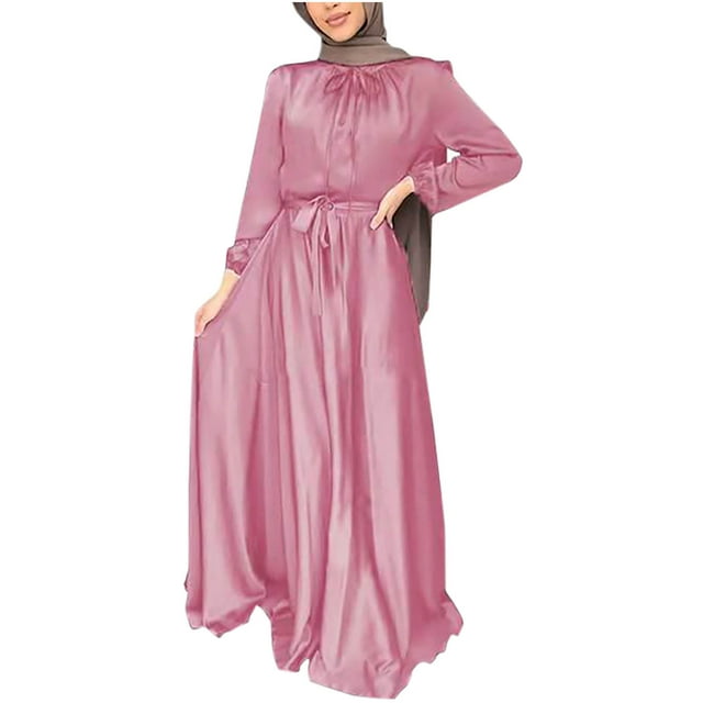 Robe de Prière Abaya Kaftan pour Femmes, Satin Uni, Col Rond, Manches Longues, Taille Portefeuille, Robe Maxi