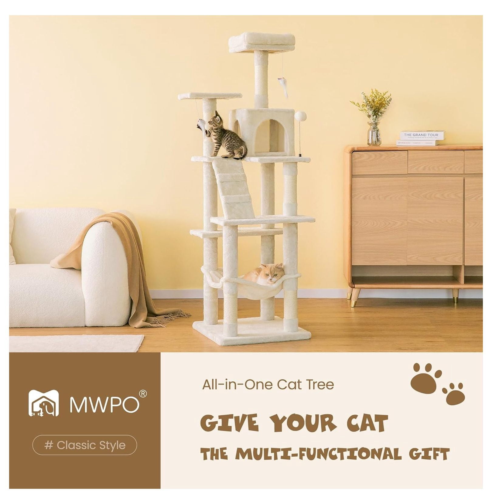 Cat Tree 63.8 inches, Multi-Level Tower for Large Cats, Sisal Scratching Posts, Hammock & Condo, Stable Pet Play House - Beige