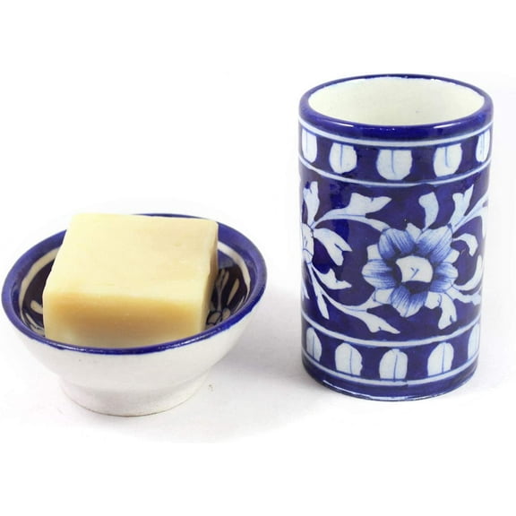 India Meets India Handicraft Ceramic Soap Dish and Toothbrush Holder Bathroom Accessories Set, Best Gifting, Made by Awarded Indian Artisan