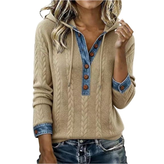 Collared Shirts for Women with Buttons Denim Patchwork Pullover V Neck Long Sleeve Shirts Sweater with Denim Trim Casual Lightweight Plus Size Vintage Knit Tops