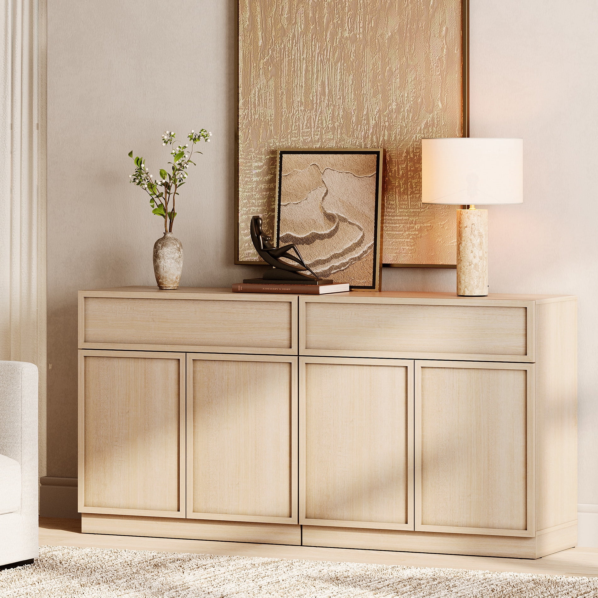 63" Modern Sideboard Buffet Cabinet with 4 Doors and Drawers, Multifunctional Sideboard with Large Storage and Adjustable Shelf, Beige