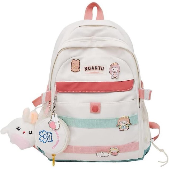 Mochila Kawaii con peluche y monedero, mochila escolar Harajuku, mochila estética gótica pastel para niñas adolescentes (blanco)
