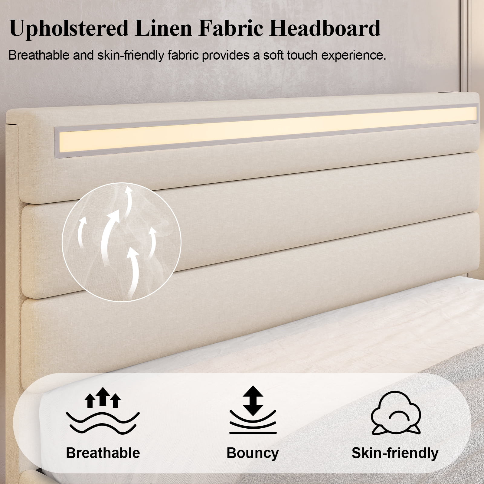E-motie Full Upholstered Bed Frame with Storage Ottoman, Charging Station and LED, Beige Full Bed
