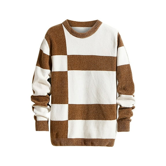 HaoXianJian Mens Fashion Crewneck Striped Pullover Sweater Long Sleeve Sweater Soft Thermal Winter Knitted Color Block Sweaters for Men