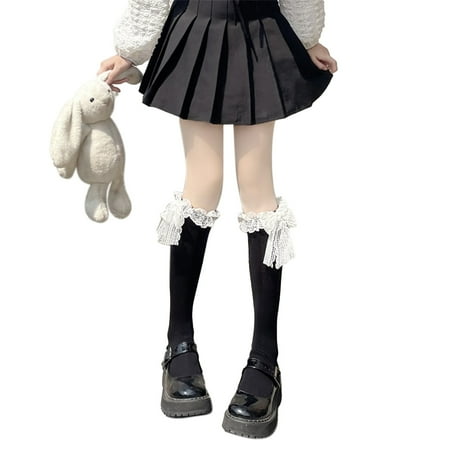 

Women Fall Cotton Calf Socks with Cute Ruffled Lace Bowknot Knee High Stockings