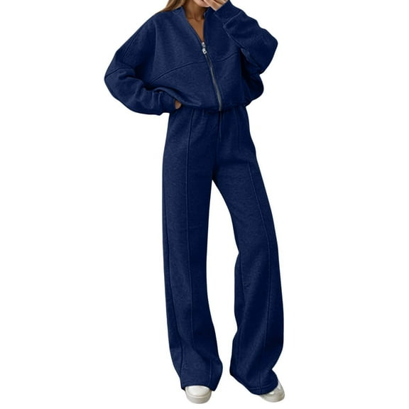 Women 2 Piece Outfits Lounge Set Oversized Zip Up Sweatshirt Jacket Sweatpant Matching Sweat Sets Winter Sweatsuits Navy L