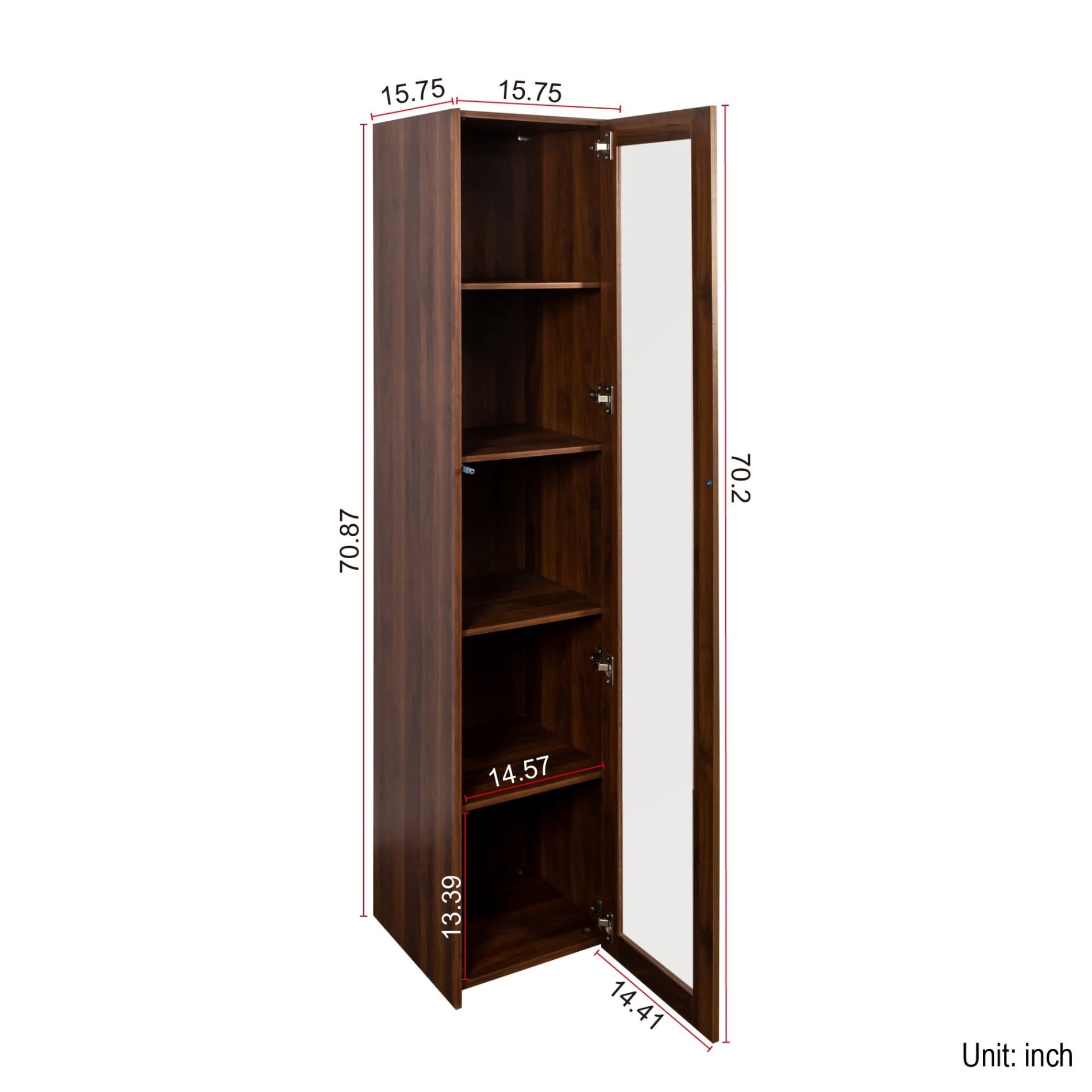 Display Cabinet with Acrylic Doors, 5 Shelf Curio Cabinet with LED Lights, Tall Bookcase Storage Organizer for Living Room Bedroom, Walnut