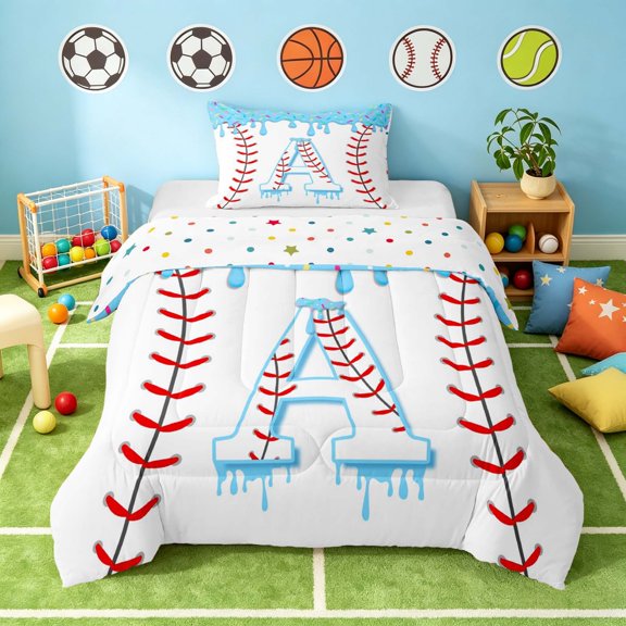 Manfei Cute Baseball Twin Comforter Sets, Cartoon Personalized Initial ABedding Set, Light Blue A, Polka Dots Reversible 2pcs 1 Comforter and 1 Pillowcase