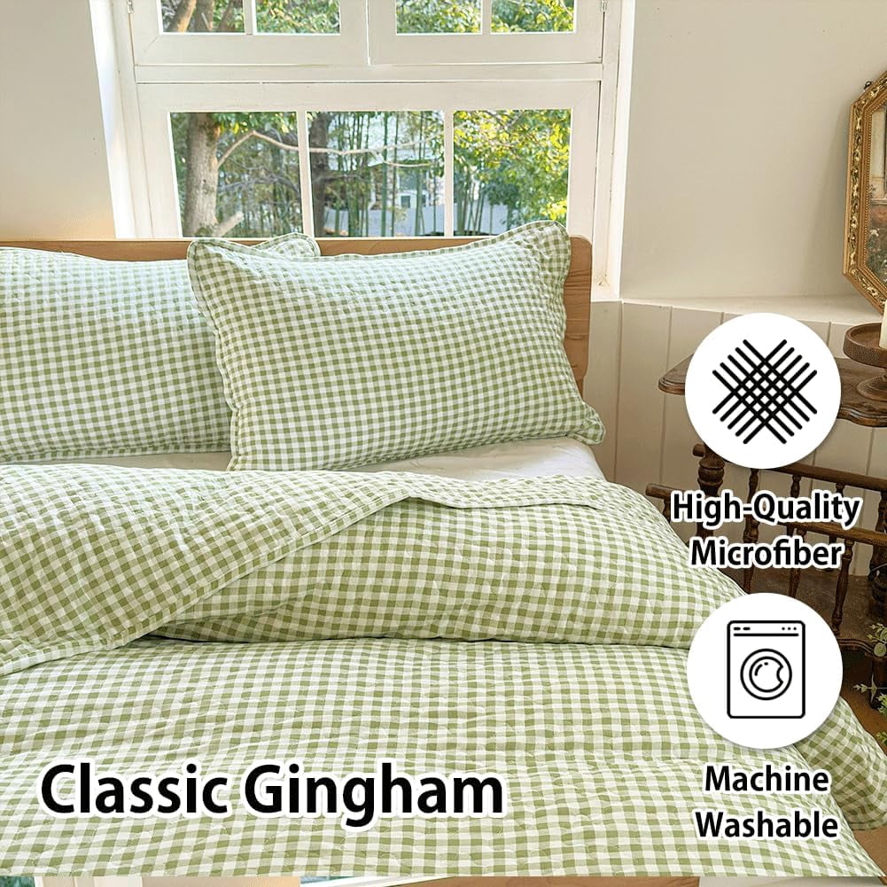 Sage Green Gingham King Quilt Set, Soft Pre-Washed Microfiber Green Plaid King Bedspread, Lightweight Checked Summer Quilt, Grid Bedding Coverlets for All Seasons (Includes 1 Quilt, 2 Pillow Shams)