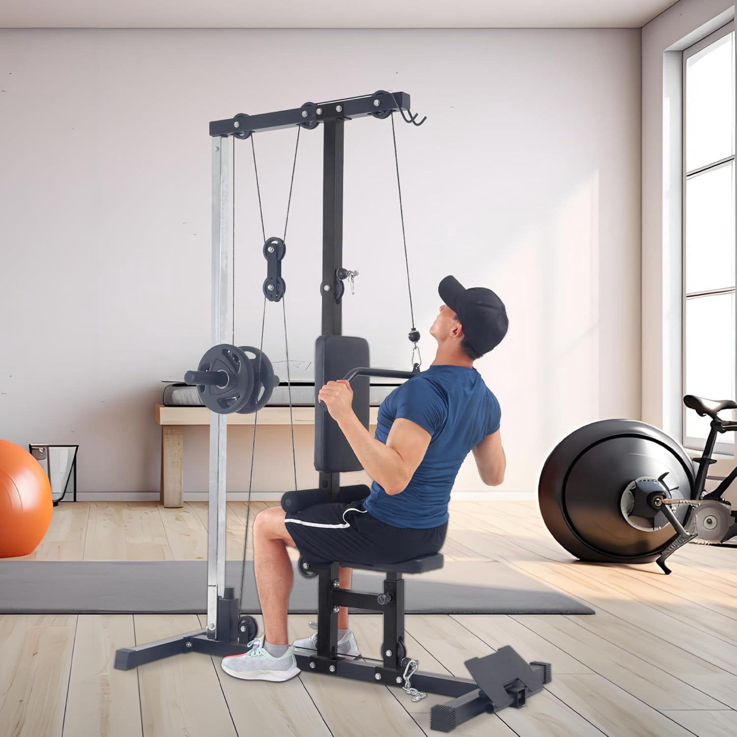 Pull Down Machines, LAT Row Cable Machine, LAT Tower with Additional Pulley Cable, High & Low Pulley Stations with Leg Support, Tricep Workout Equipment