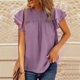 thumbnail image 2 of JGGSPWM Women Solid Pom Dot Tops Petal Sleeve Elegant Blouse Crewneck Short Sleeve Shirts Individualist Tunic Graceful Tshirts Well-dressed Tees Purple XL, 2 of 6