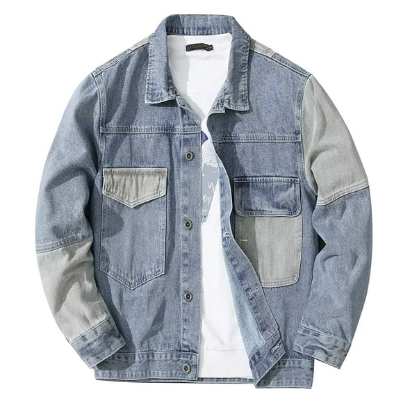 QHFBli Men's Distressed Denim Jacket Men's Denim Jacket Long Sleeve Collar Shirt Style Hop Outerwear Coat
