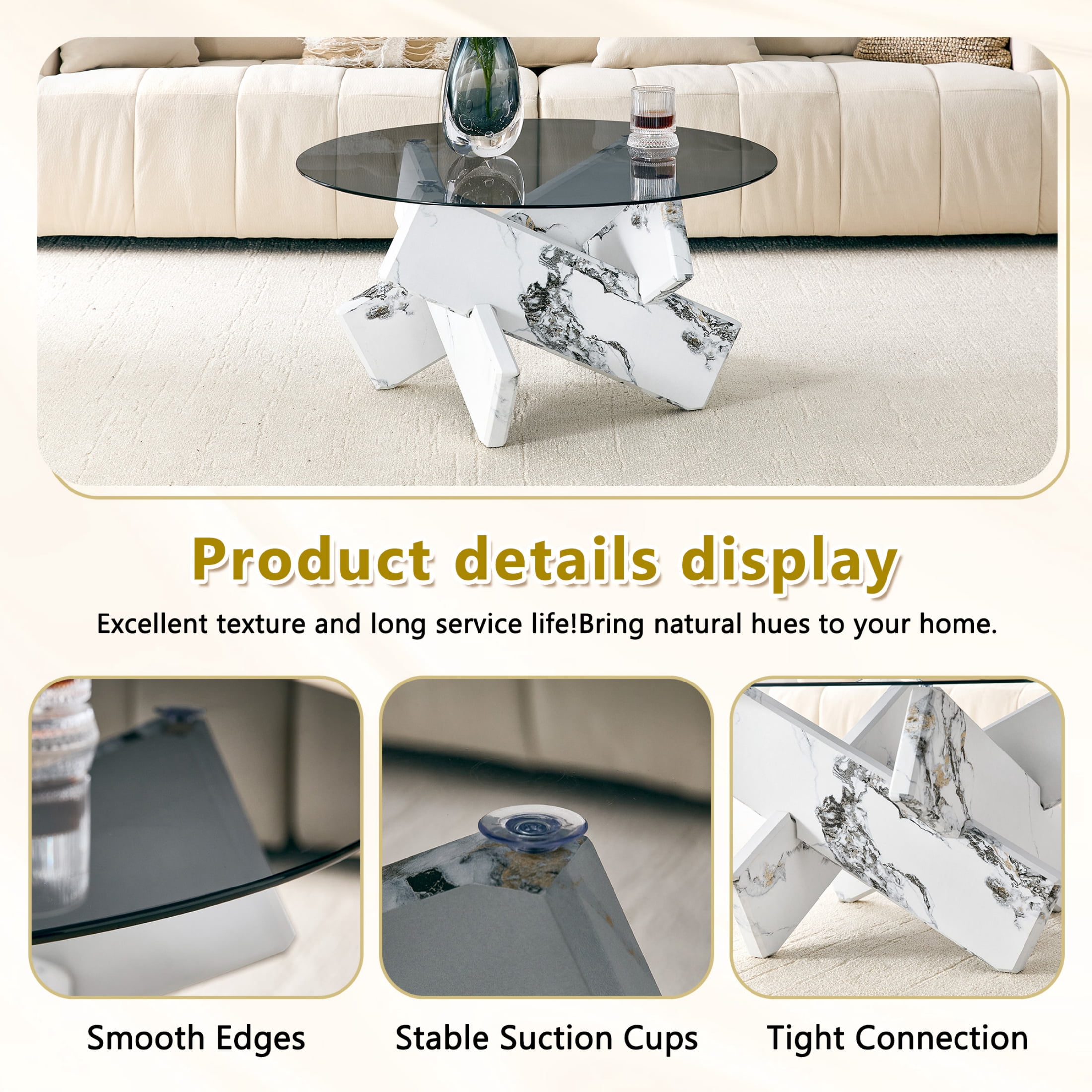 Vinform Round Coffee Table for Living Room, Gray Glass, White