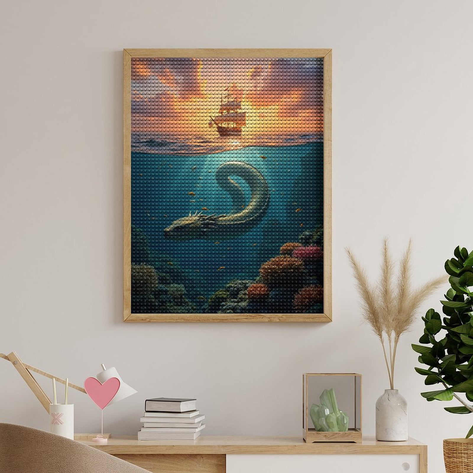 Diamond Art Kits for Adults, Sailing Ship Ocean Serpent Sunset 5D Diamond Painting Kits for Adults Beginners, DIY Full Drill Diamond Painting, Gem Art and Crafts 12x16