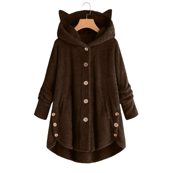 Idoravan Winter Coats for Women Plus Size Clearance Fashion Women's Button V-Neck Pullover Tops Long Sleeve Hooded Blouse Ciat Brown XXXL