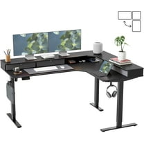 DESINO L Shaped Standing Desk, 63 inch Electric Height Adjustable Home Office Desk with Drawers, Large Ergonomic Computer Desk with Reversible Tabletop, 2 Memory Height Settings, Black