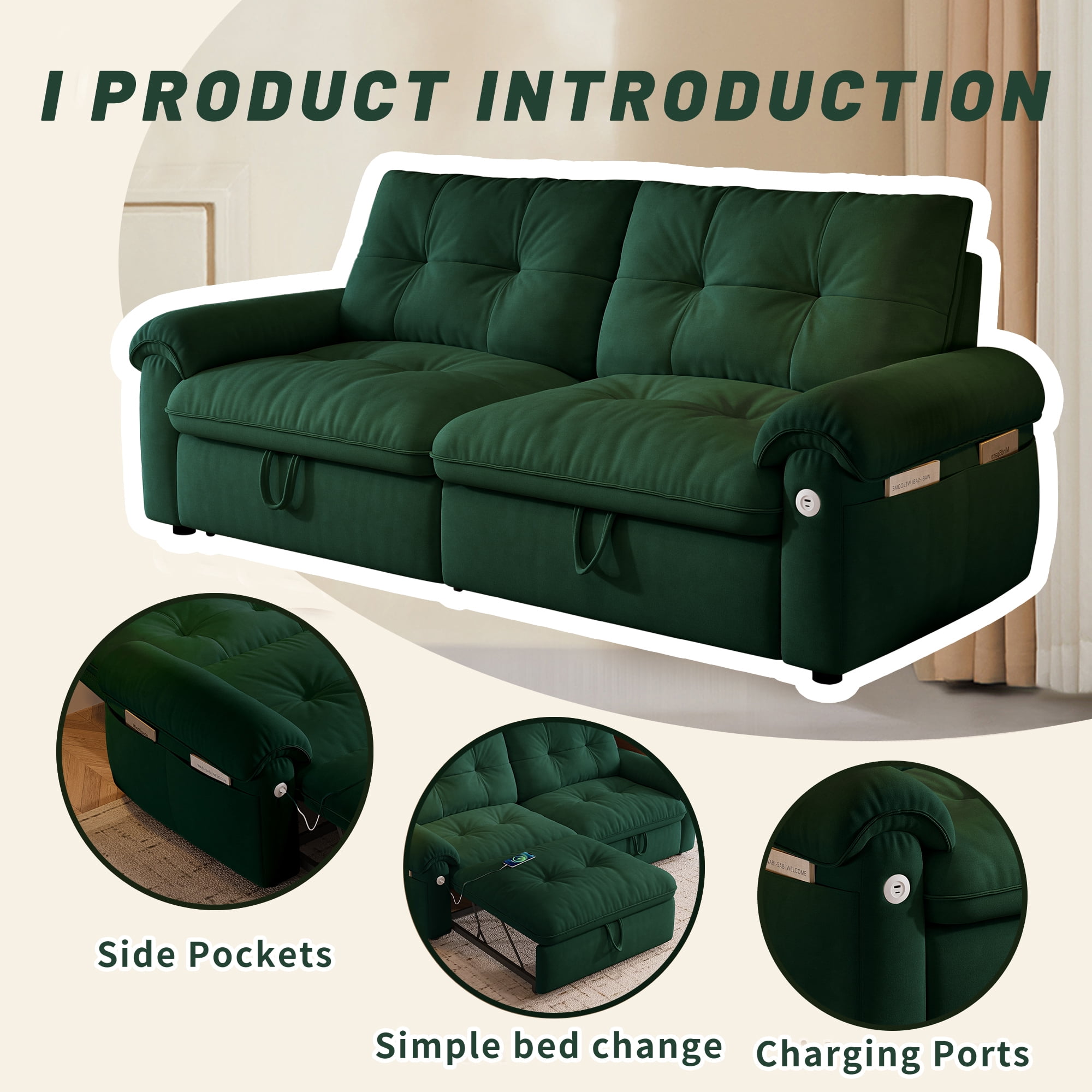 Leumius 77" Convertible Sofa Bed,2-in-1 Cloud Loveseat Sleeper Sofa with Steel Frame & USB, Chenille Pull Out Bed for Living Room/Bedroom/Apartment,Green