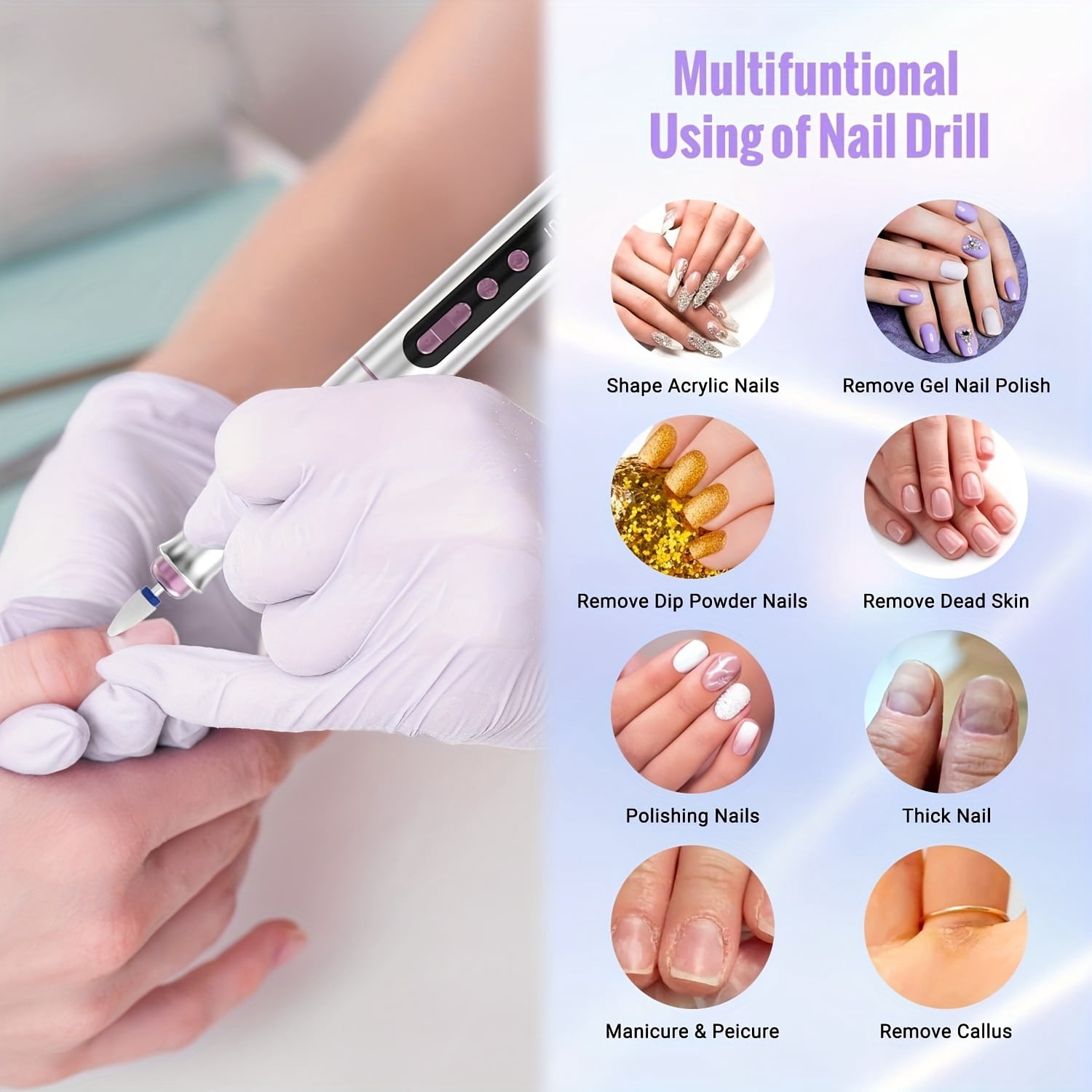 Cordless Electric Nail Drill Machine, 35000RPM Professional Nail File for Acrylic Gel Nails, 13 in 1 Manicure Pedicure Kit with LCD Display, 5 Speeds(Silvery)