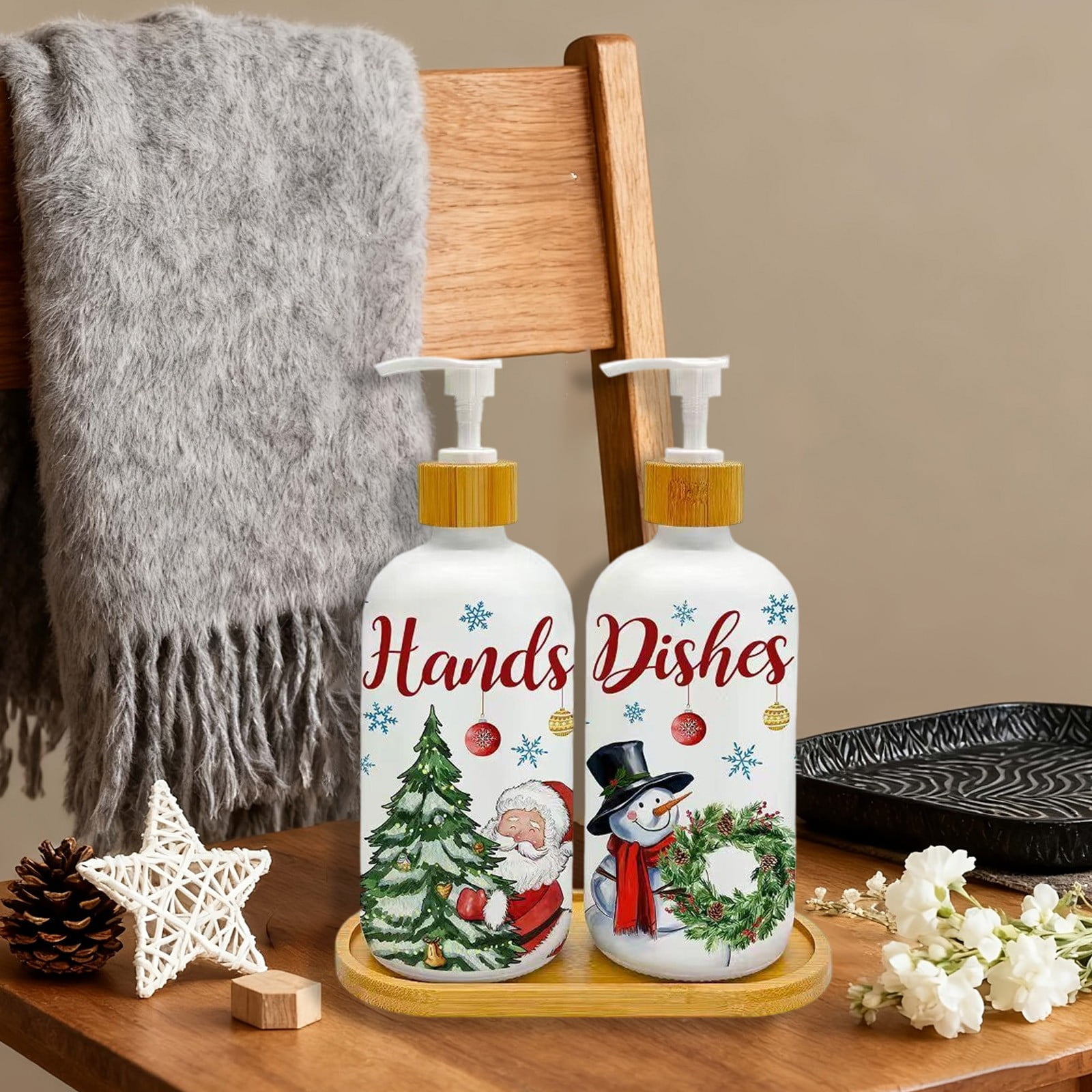 Loyerfyivos Christmas Soap Dispenser Set 2 Pack Snowman Tree Glass Pump Bottles Holiday Hand Soap Lotion Dispenser For Kitchen Bathroom Countertop Decor