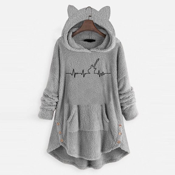 IROINNID Women's Casual Mid-Long Graphic Prints Hoodie Overcoat Long Sleeve Hoodie Warm Outwear, Gray