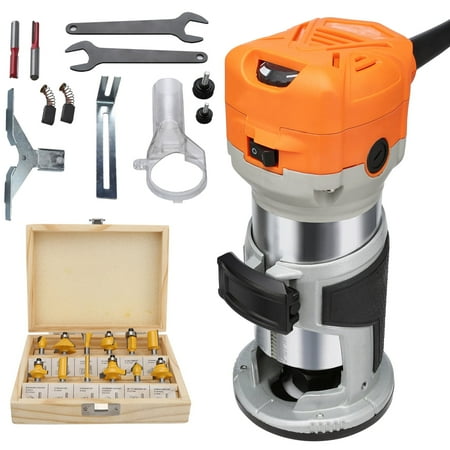 KFFKFF 1.25HP Wood Trimmer,800W, Sleek Router Tool for Wood, Max 30000RPM with 6 Speed Adjustments, Includes 1/4'' & 5/16'' Collets, 12 Milling Cutters