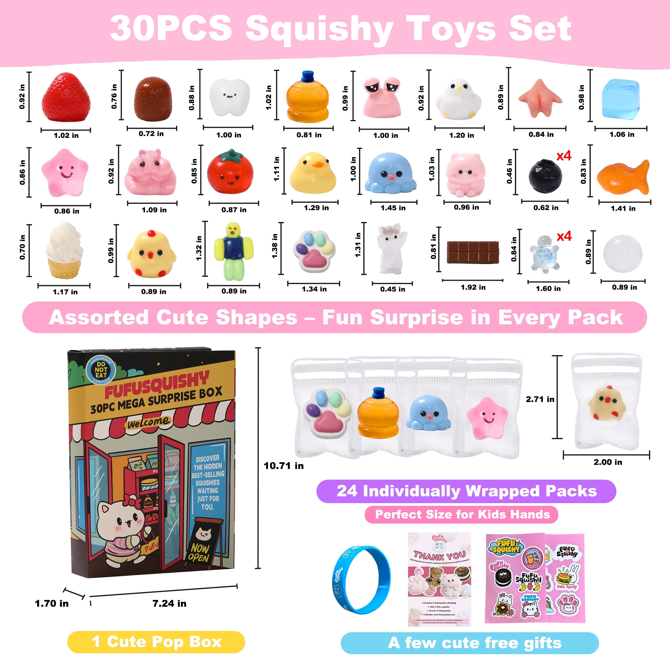 FUFUSQUISHY 30PCS Squishy Toys for Kids, Soft Taba Sensory Squeeze Toy Set, 24 Individually Wrapped Packs, Classroom Prizes and Party Favors