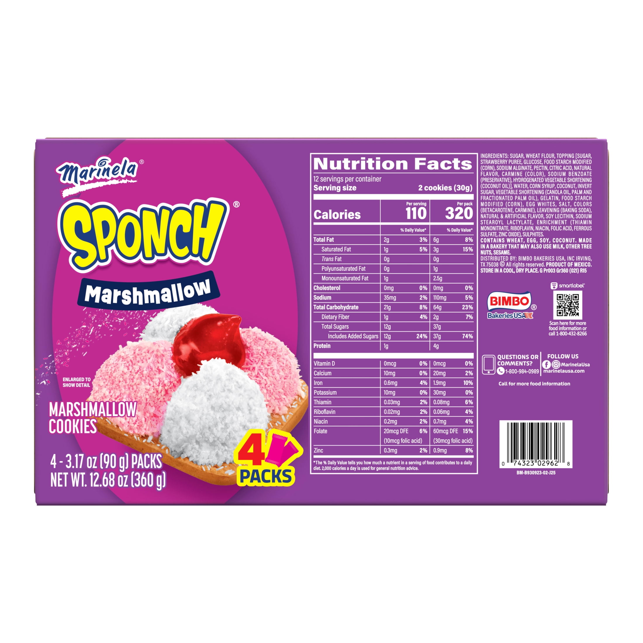 Marinela Sponch Marshmallow and Strawberry Coconut Cookies, 4 packs, Cookies, 18.07 oz Multipack