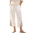 thumbnail image 2 of Utoimkio Women's Cropped Pants Linen Elastic Waist Floral Embroidery Capri Trousers with Side Pockets for Summer Beach Daily Walk, 2 of 9