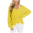 thumbnail image 3 of Fartey Womens Fashion Ripped Knitted Sweater Oversized V Neck Crop Pullover Sweater Loose Casual Solid Color Long Sleeve Knitwear Yellow S, 3 of 9