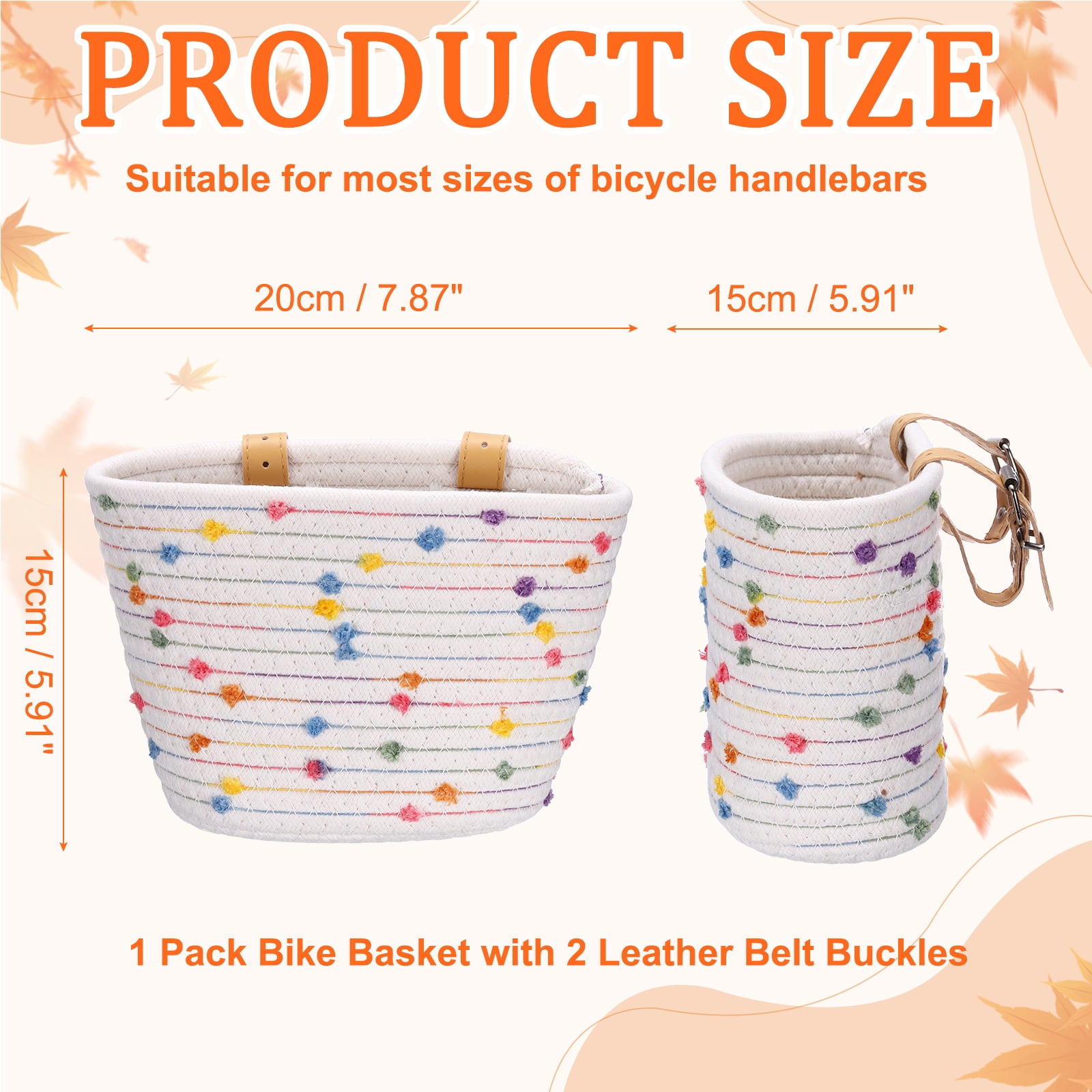 Uxcell Bike Basket, Cotton Rope Woven Colored Spots Bicycle Basket Adjustable Front Handlebar Baskets with 2 Leather Belt Buckles White-Fitting For(Most Bikes/Tricycle/Scooters)
