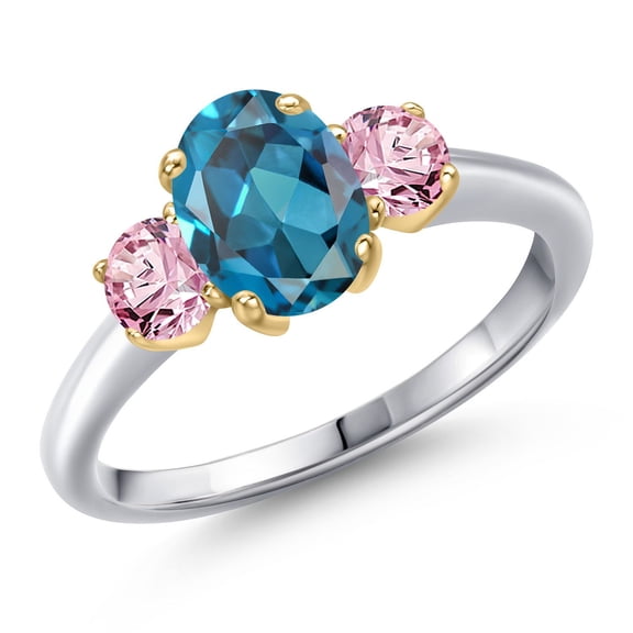 Gem Stone King 10K Two Tone Gold London Blue Topaz and Pink Lab Grown Diamond Engagement Ring for Women | 2.00 Cttw | Oval 8X6MM | Gemstone November Birthstone | Size 8