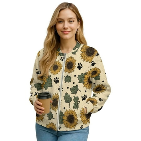 DISNIMO Sunflower Printed Sweatshirts for Women Dog Paw Printed Outwear Zip Up Jackets Long Sleeve Sweatshirts with Pockets L